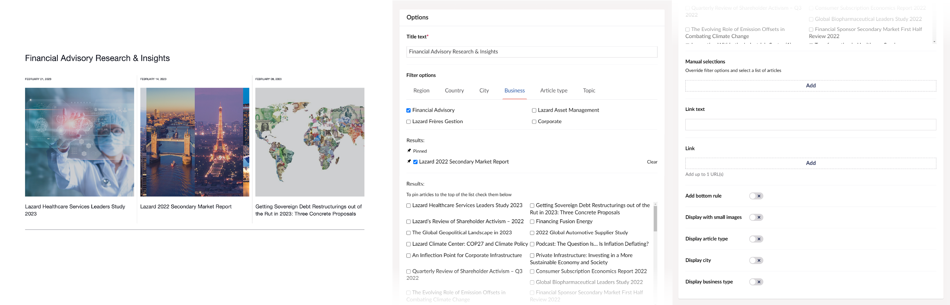 User-facing list component paired with screen shot of backoffice settings